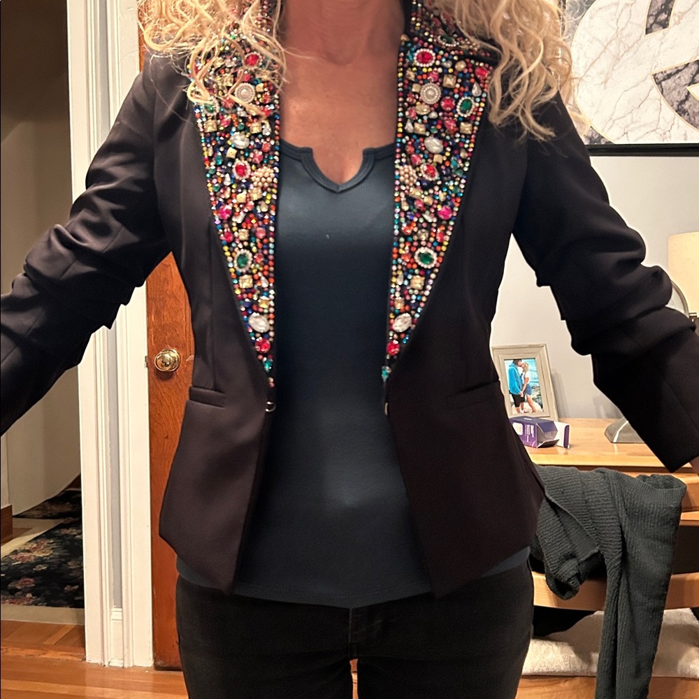 NWT BOSTON  PROPER  Black Jacket with Multicolor Beaded Collar SIZE 2   GORGEOUS - Picture 8 of 9